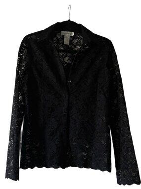 Jones New York Black Lace Button Front Blouse Sheer Floral Top w/ Cami Size 6